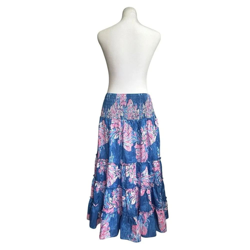 Lilly Pulitzer Deavan Pull-on Tiered Midi Skirt For The Fans Pink Blue Beachy S
